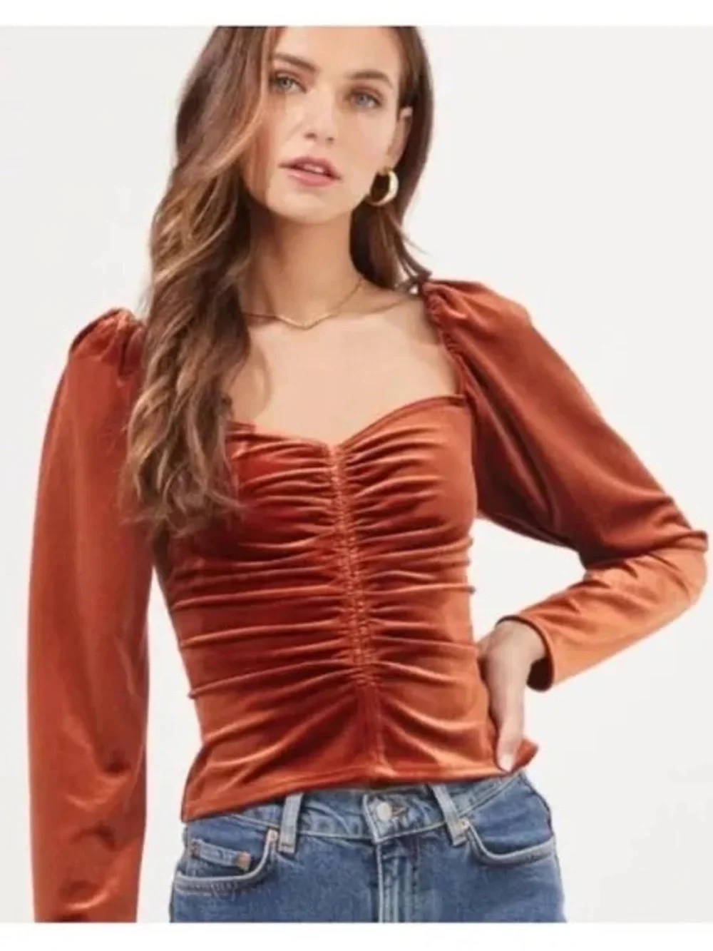 ASTR The Label Vanya Rust Orange Velvet Puff Long Sleeve Size‎ Small